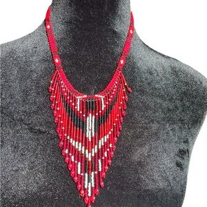 Patawomeck Tribe Red Beaded Fringe Necklace By Native Artist Peggy Fontenot